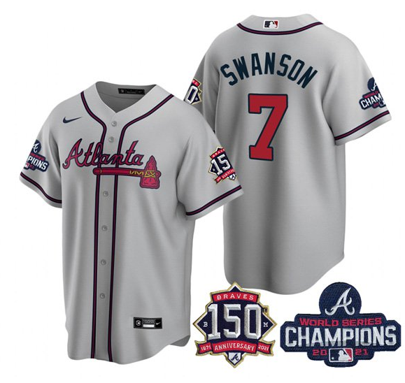 Men's Atlanta Braves #7 Dansby Swanson 2021 Grey World Series Champions With 150th Anniversary Patch Cool Base Stitched Jersey